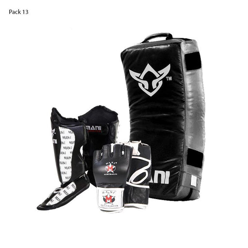 Mani Curved Kick Shield + Shin N Steps + MMA Gloves Set Pack - Black - Kick Shields - MMA DIRECT