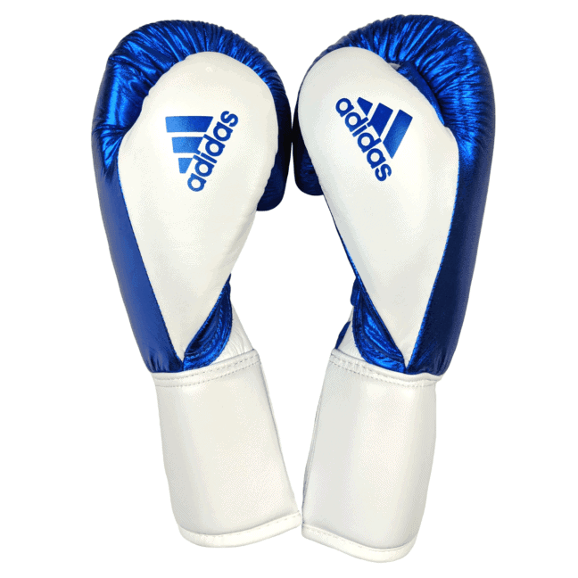 Adidas Hybrid 400 Lace Up Leather Boxing Gloves - Metallic Blue / White - Boxing Gloves - MMA DIRECT