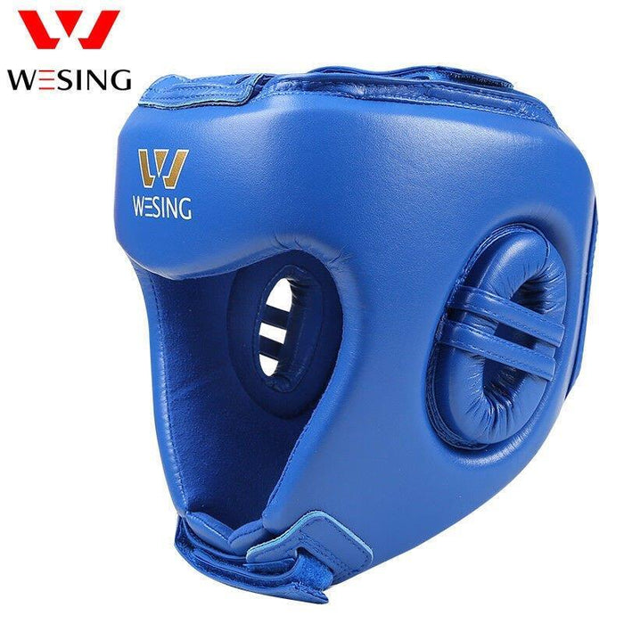 Morgan Wesing AIBA Approved Open Face Leather Sparring Head Guard Red/Blue - Head Guard - MMA DIRECT
