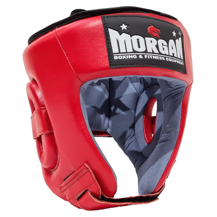 Morgan Platinum Open Face Leather Sparring Head Guard Helmet Classic [Red/Blue] - Head Guard - MMA DIRECT