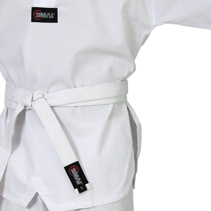 SMAI TKD Uniform 8oz Ribbed Student Dobok (White V-Neck) Gi + White Belt - Karate Gi - MMA DIRECT