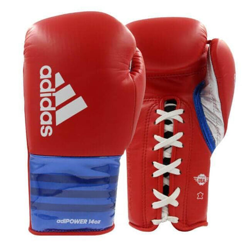 Adidas Adipower Lace Up Leather Boxing Gloves - Red Blue Silver - Boxing Gloves - MMA DIRECT