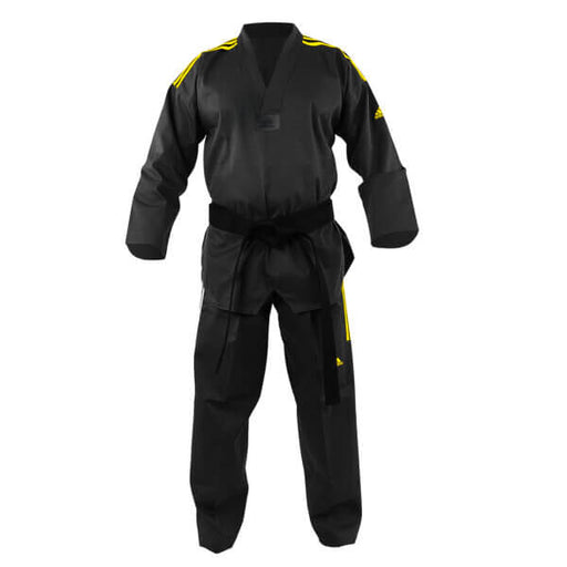 Adidas Black Coloured Taekwondo Dobok Gi Uniform w/ Yellow Stripes - Taekwondo Gi - MMA DIRECT