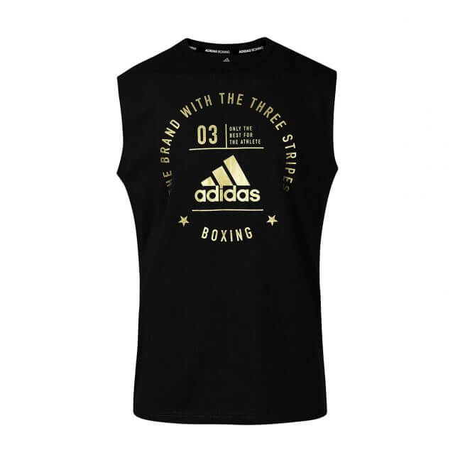 Adidas Boxing Community Sleeveless T-Shirt Black & Gold 100% Cotton - Functional Fitness & Gym Clothing - MMA DIRECT