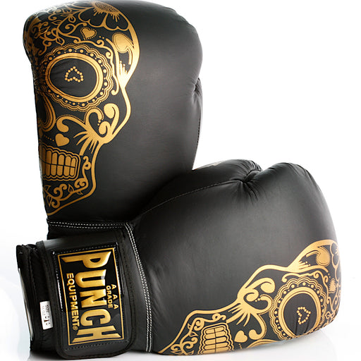 Punch Trophy Getters Gold Skull Commercial Boxing Gloves 16oz - Black / Gold - Ladies Boxing Gloves - MMA DIRECT