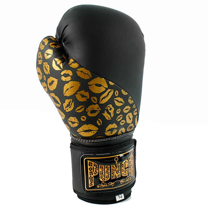 Punch Womens Boxing Gloves Gold Lip Art Black 12oz Limited Edition - Ladies Boxing Gloves - MMA DIRECT