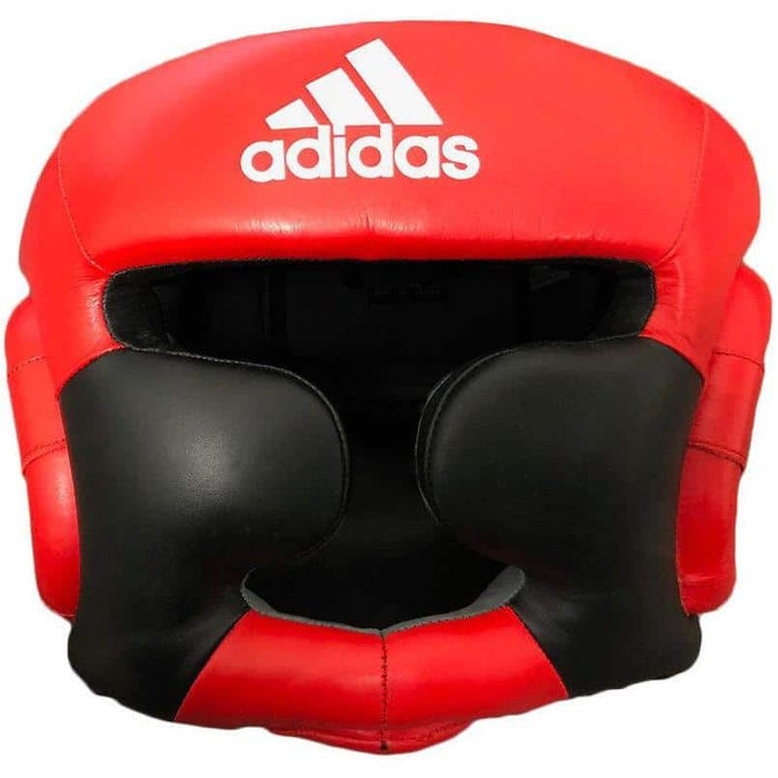 Adidas Leather Super Pro Training Full Face Head Gear Guard Black Red - Head Guard - MMA DIRECT