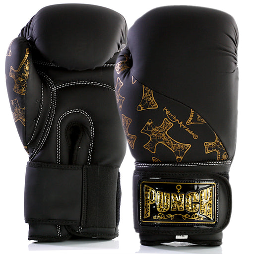 Punch Womens Boxing Gloves 12oz – Gold Cross Art – Black - Ladies Boxing Gloves - MMA DIRECT